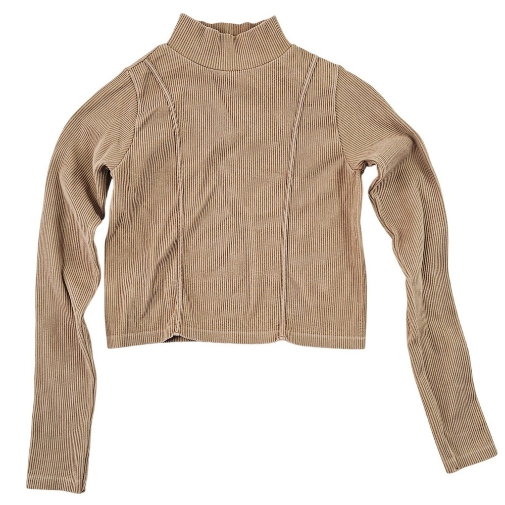 Hunter & Brown Tan Ribbed Mock Neck Long Sleeve Cropped‎ Top Medium